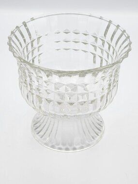 VINTAGE FTDA 1986 CLEAR GLASS RIBBED & CUBE PEDESTAL BOWL / CANDY DISH VASE